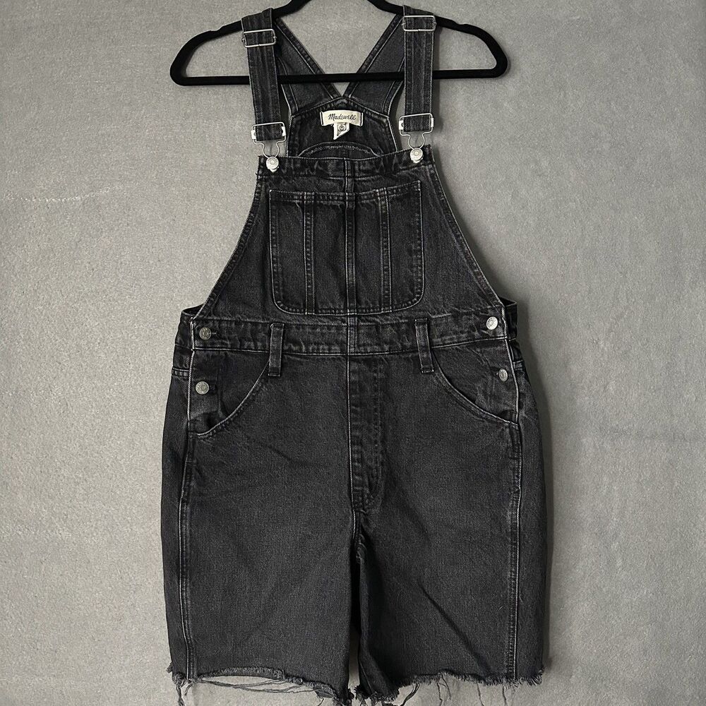 Madewell Denim Shortalls Womens Large Black Wash Raw Cutoff Bib Overalls Utility